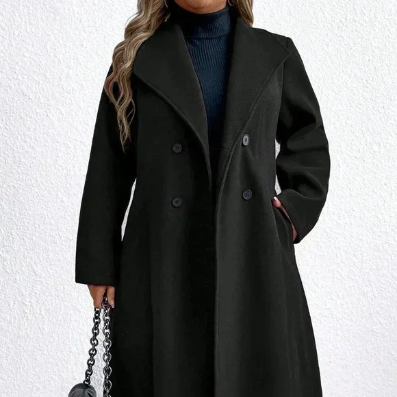 Black Casual Women's Plus Size Plain Double Breasted Pocket Long Sleeve Overcoat